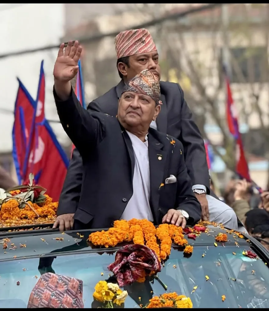 Gyanandra in recent rally where it is depicted Prachanda afraid King's return