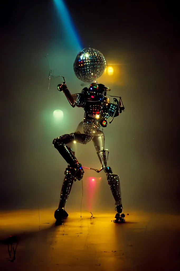 AI-generated architectural design example A retro-futuristic robot dancing with disco lights on stage, creating a vibrant and lively atmosphere. it is programmed with generative AI.
